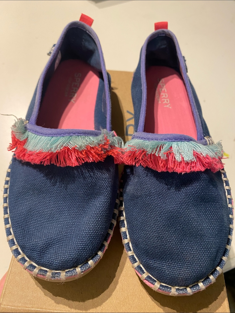 Sperry Navy Canvas Slip-Ons with Pink & Aqua Fringe